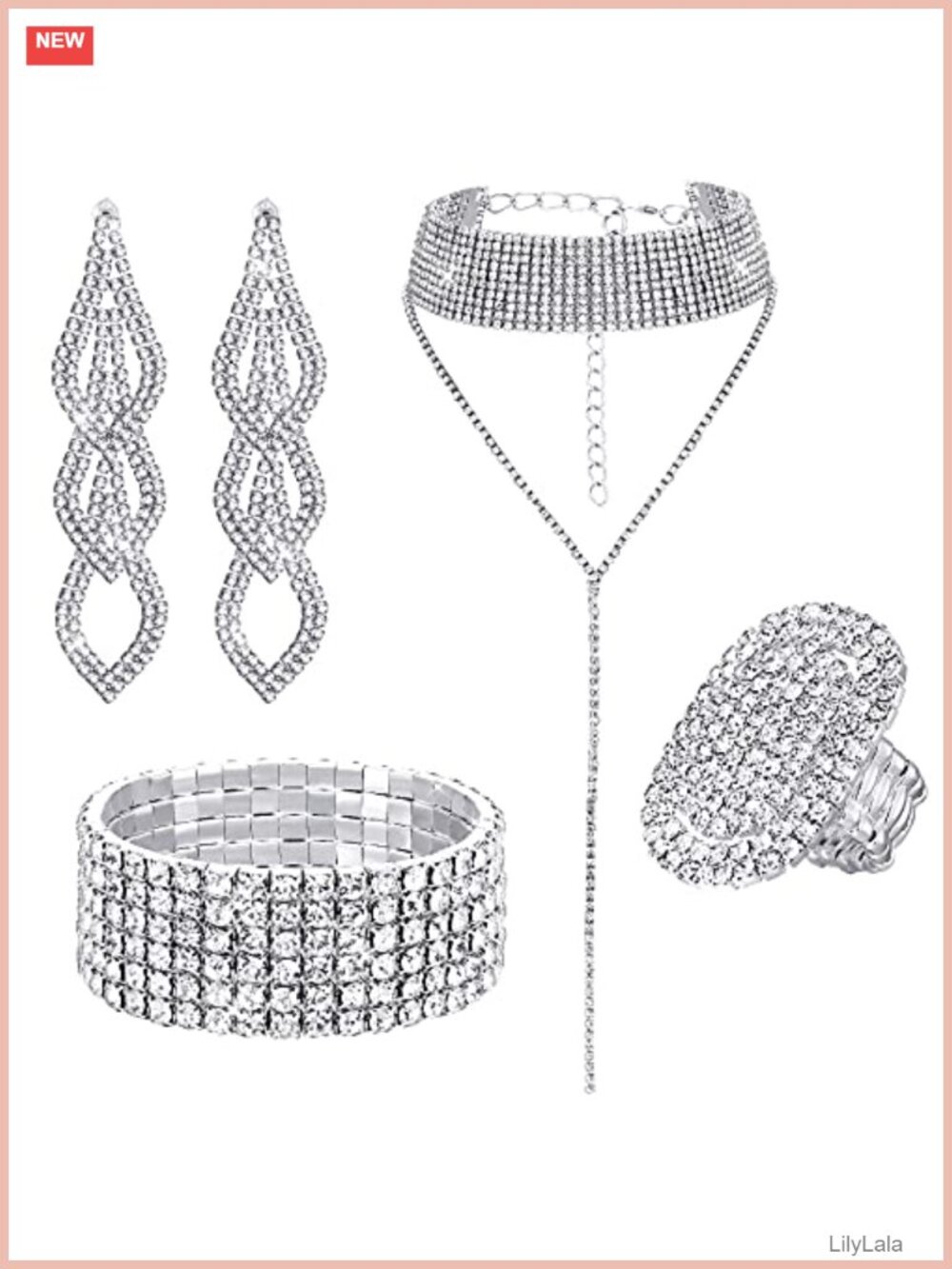 Rhinestone Jewelry Set Stretch Bracelet Necklace Earrings Ring Wedding Bride